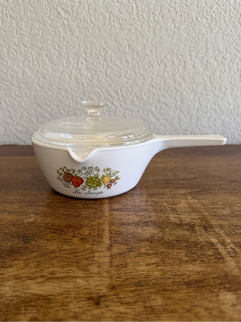 White Ceramic Saucepan with Clear Glass Lid and Harvest Vegetable Decal